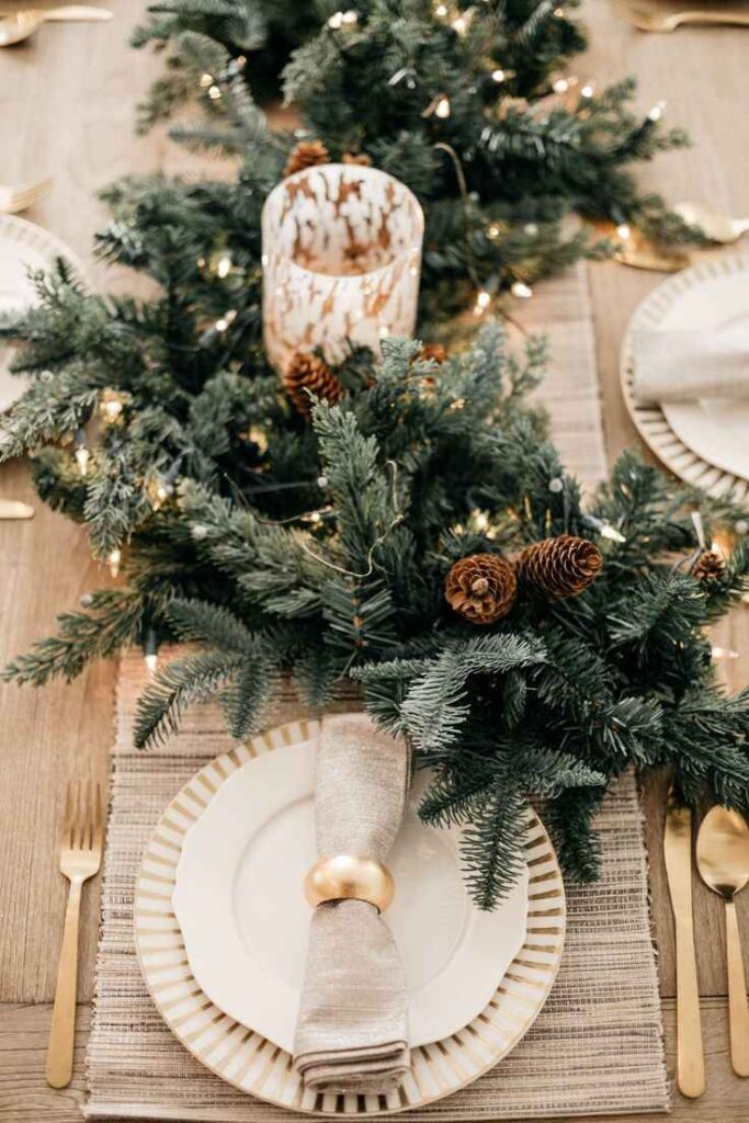 Linen Table Runner with Pinecones