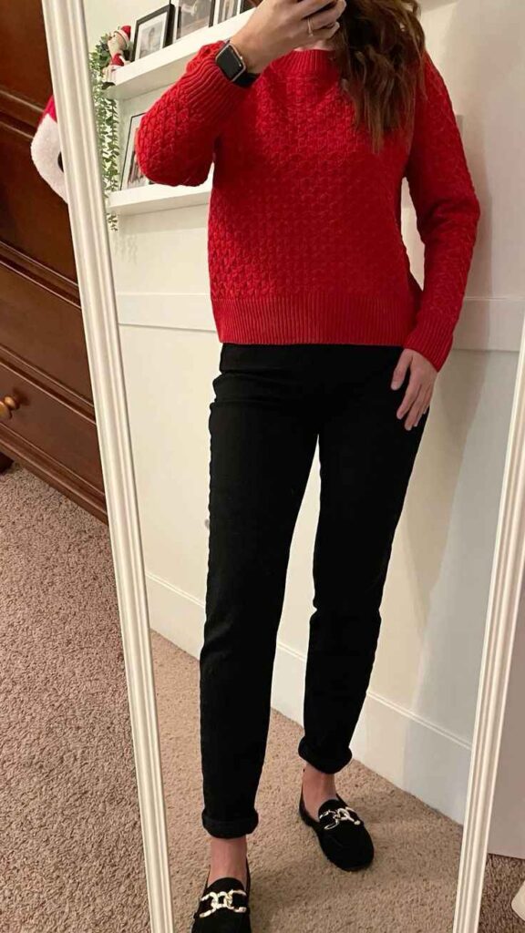 Classic Red Sweater with Black Slacks