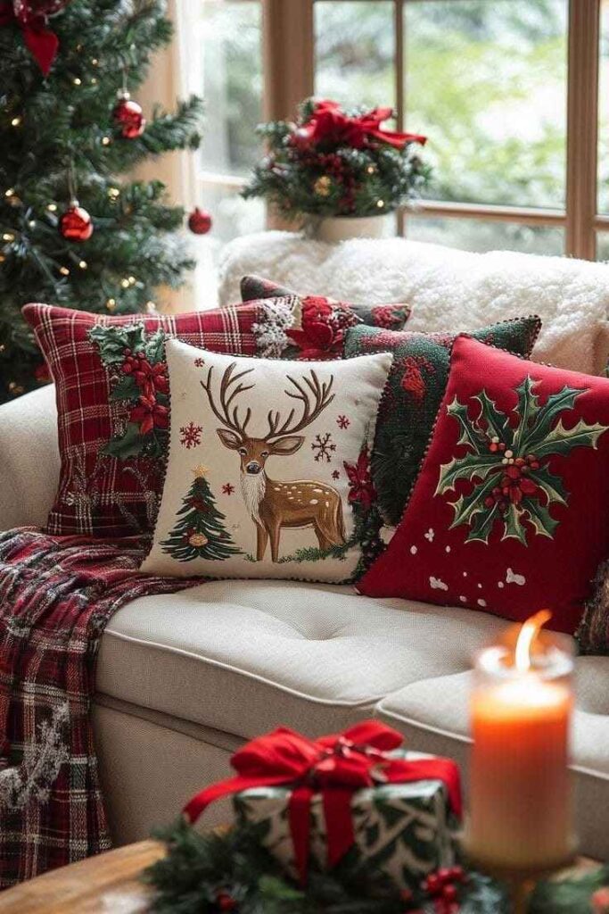 Cozy Christmas Pillows on the Bench