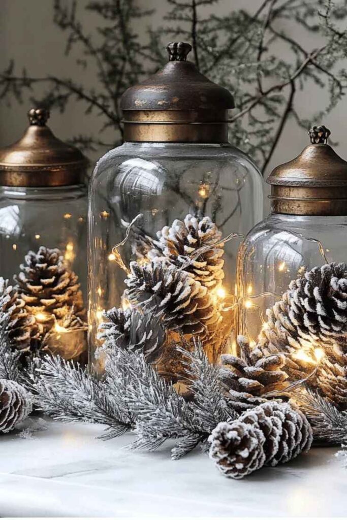 Frosted Pinecones In Glass Jars