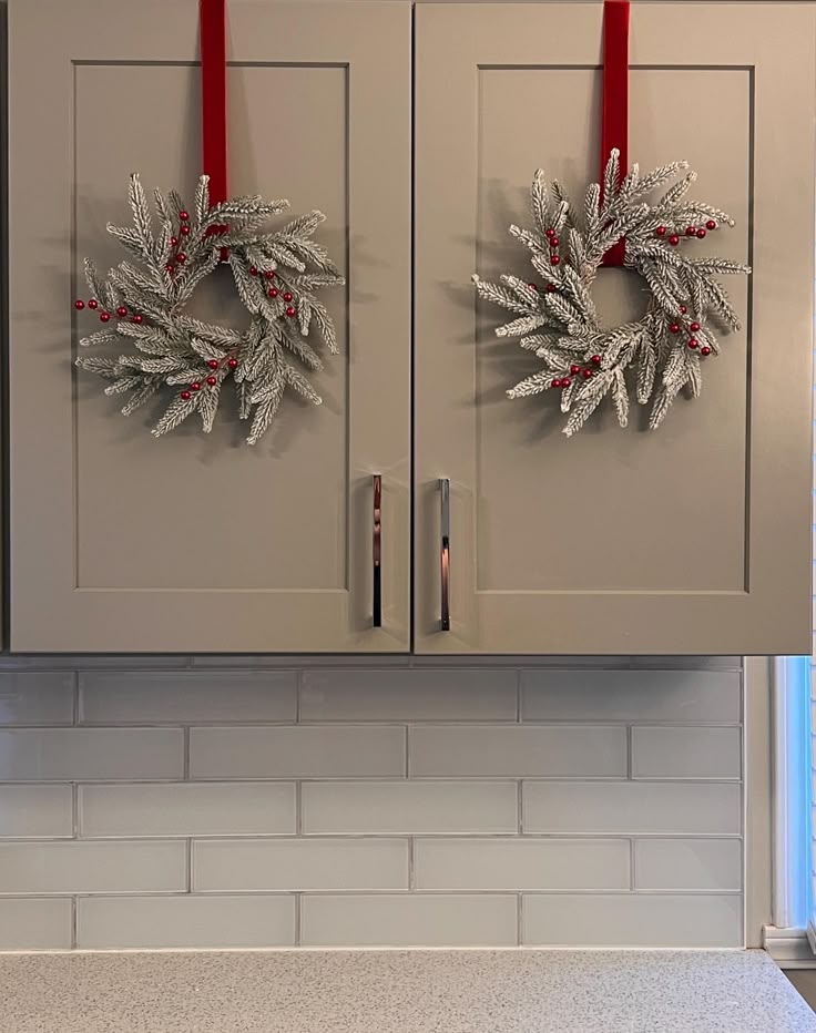 Mini Wreaths on Kitchen Cabinets
