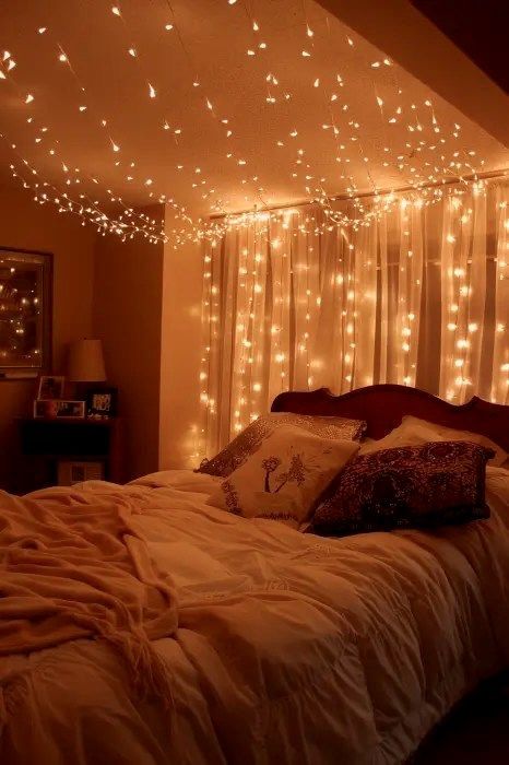 Soft Twinkle Lights Around the Bed