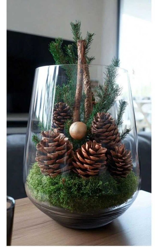 Frosted Pinecones in Glass