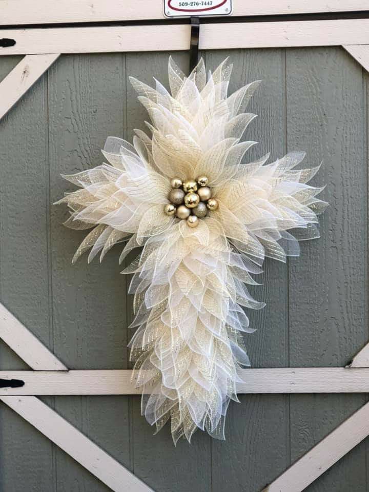 white mesh cross wreath