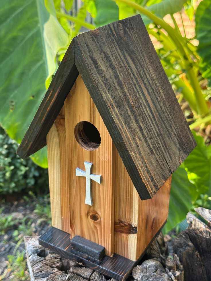 Cross-Decorated Wooden Birdhouse