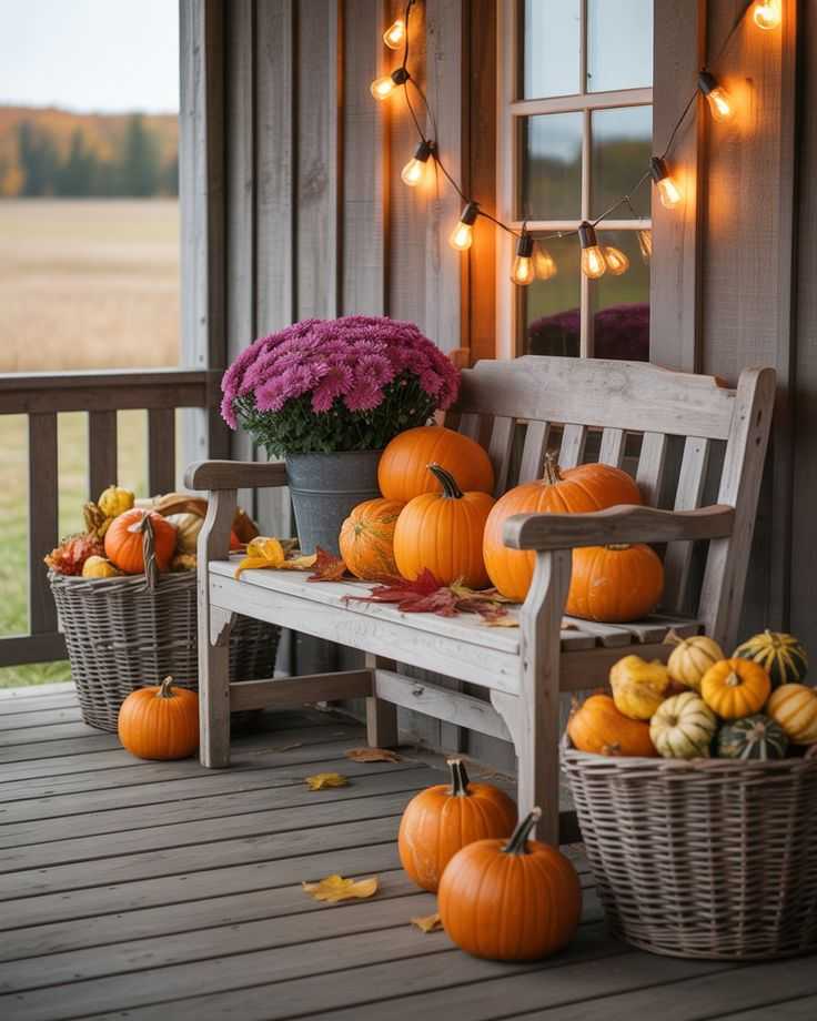 Stacking pumpkins on a porch bench