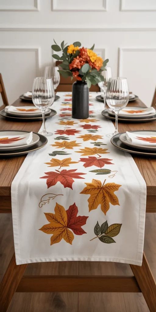 Leaf Stenciled Linen Runner