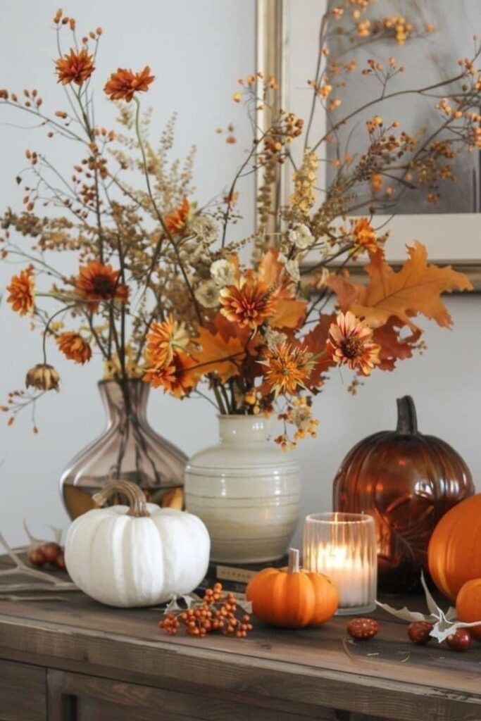 use white pumpkins, golden candleholders, and glass vases with dried flowers or pampas grass.