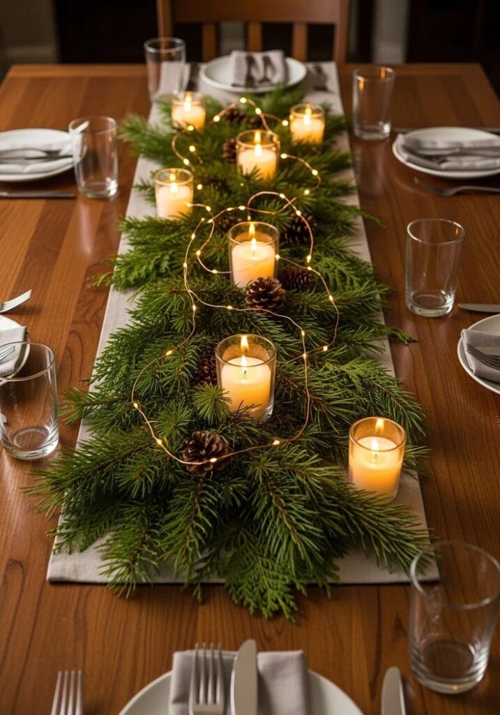 Evergreen Runner With Candle Glow