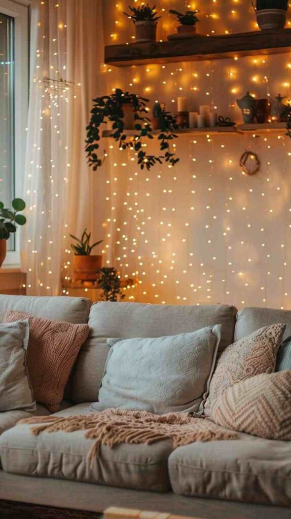 Festive Glow Garland Above the Sofa