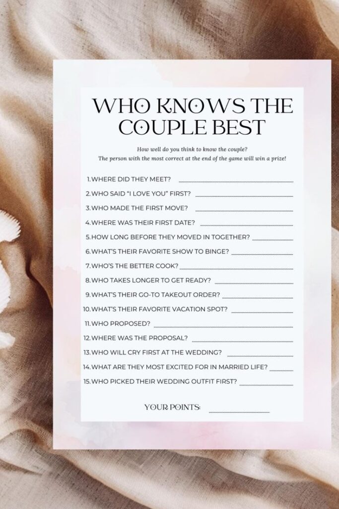 guests try to guess the couple’s favorite foods, movies, songs, trips, and hobbies. Th