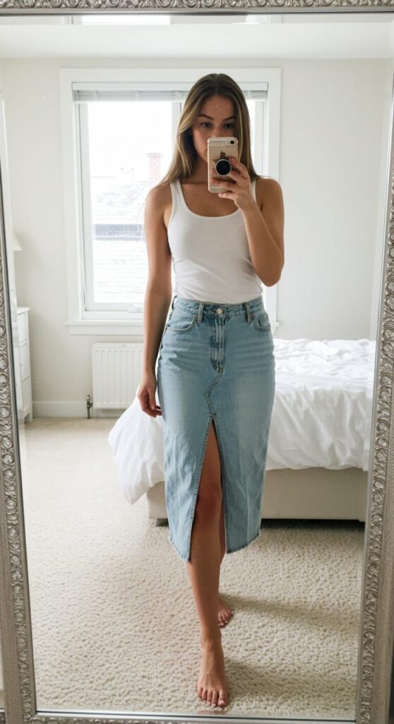 White Tank & Denim Skirt