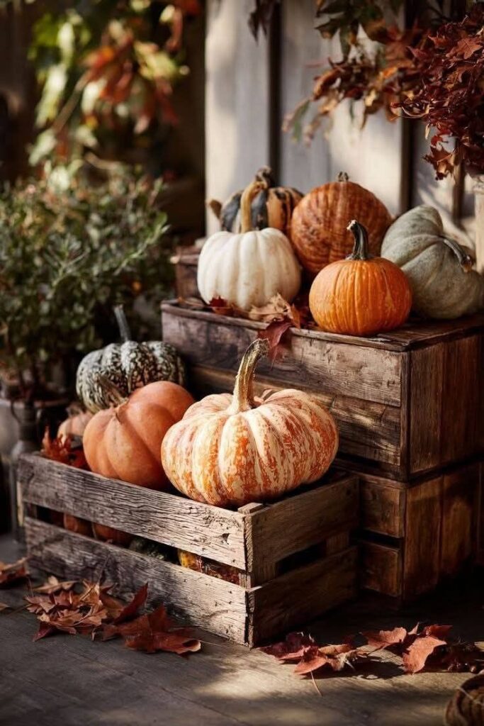Antique Wooden Crate Pumpkin Display