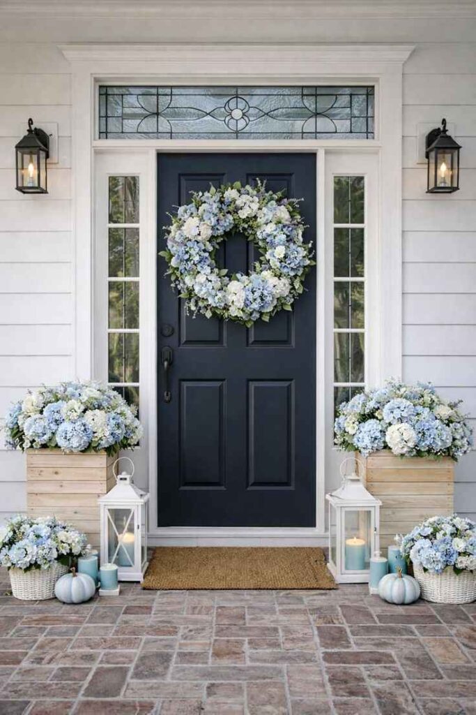 Blue Hydrangea and Lantern Porch Display