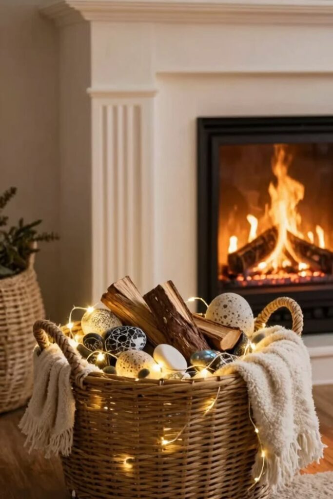 Cozy Rustic Fireplace Basket Display