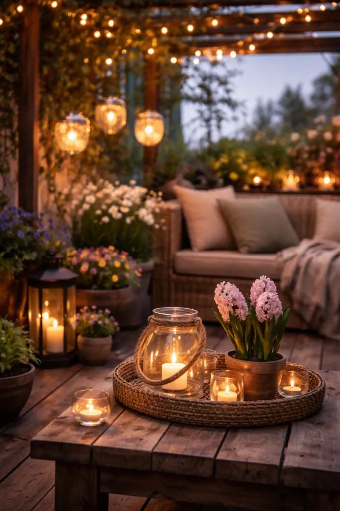 Natural Wood and Candle Patio Decor