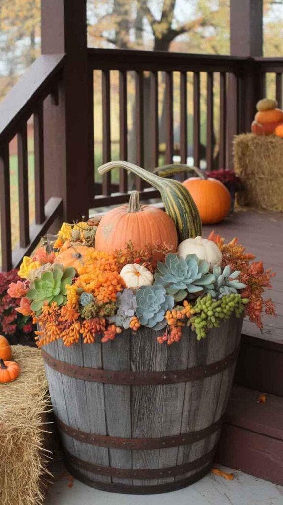 Rustic Barrel Pumpkin Display