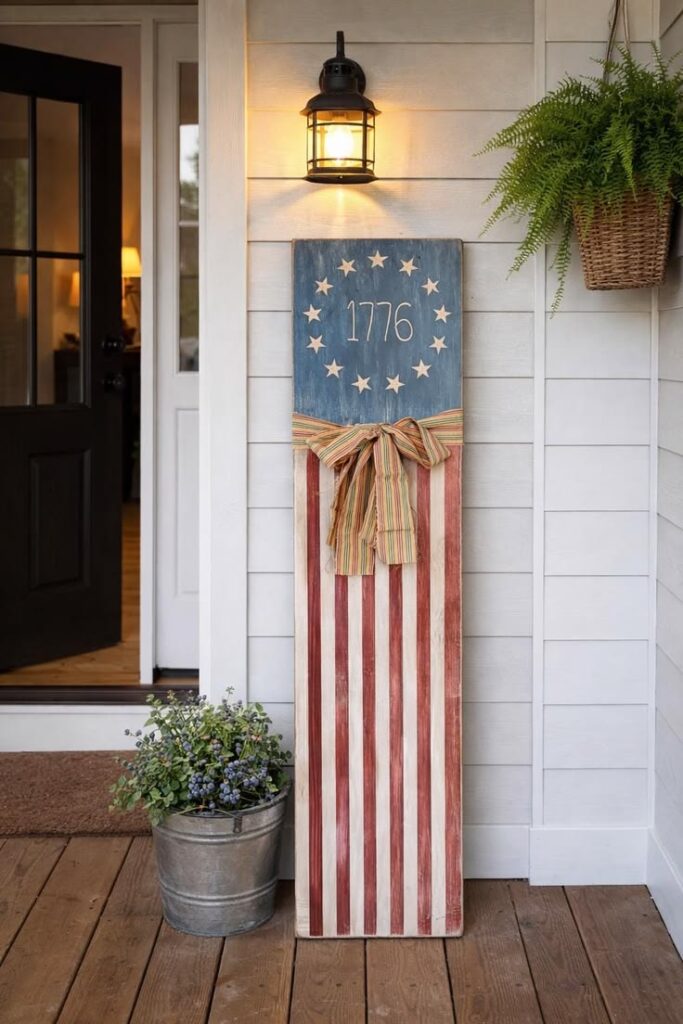 Rustic Flag and Lantern Porch Setup