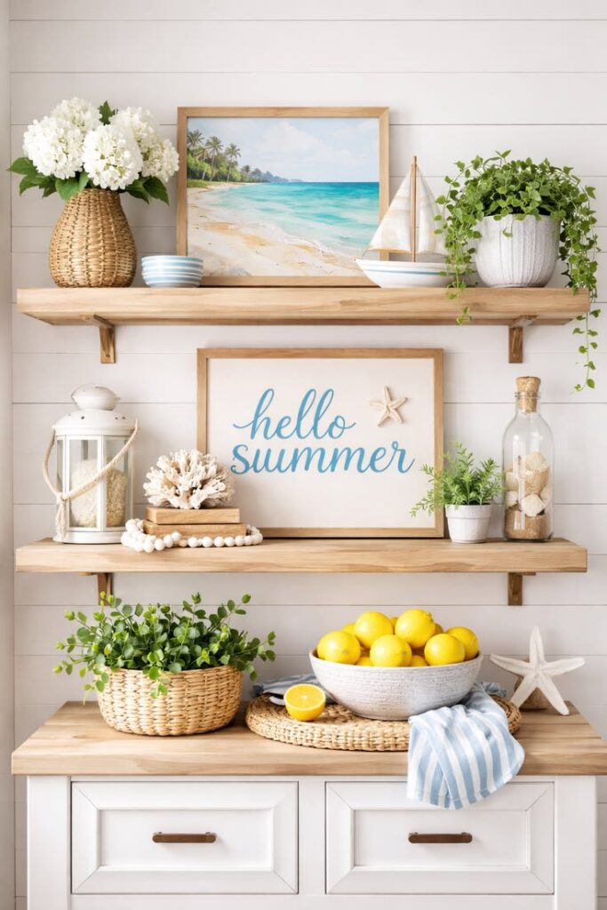 Soft Neutral Summer Shelf Decor