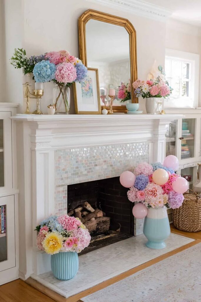 Hydrangea-Filled Summer Mantel