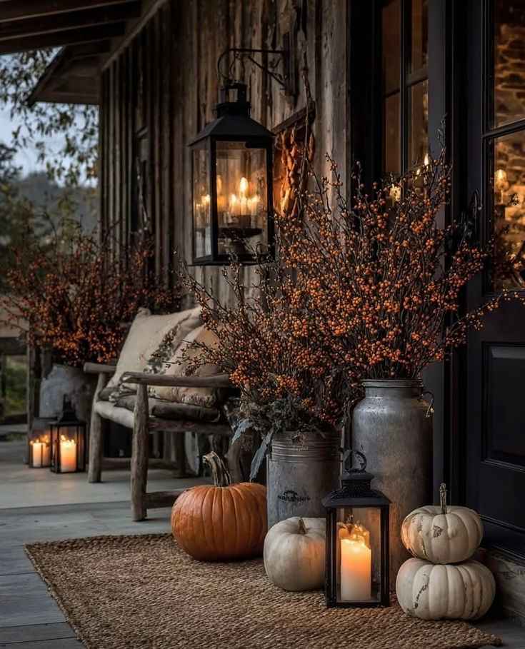 Pumpkin and Lantern Porch Display