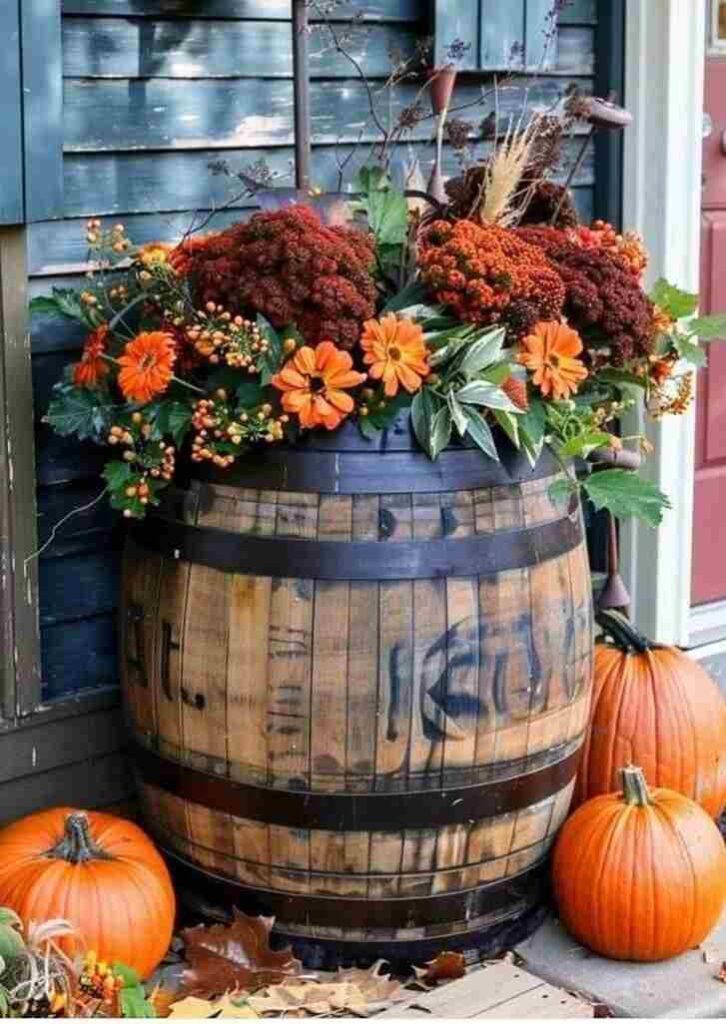 Rustic Barrel and Pumpkin Display