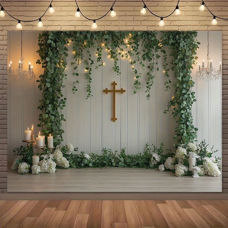 Wooden Cross and Greenery Backdrop
