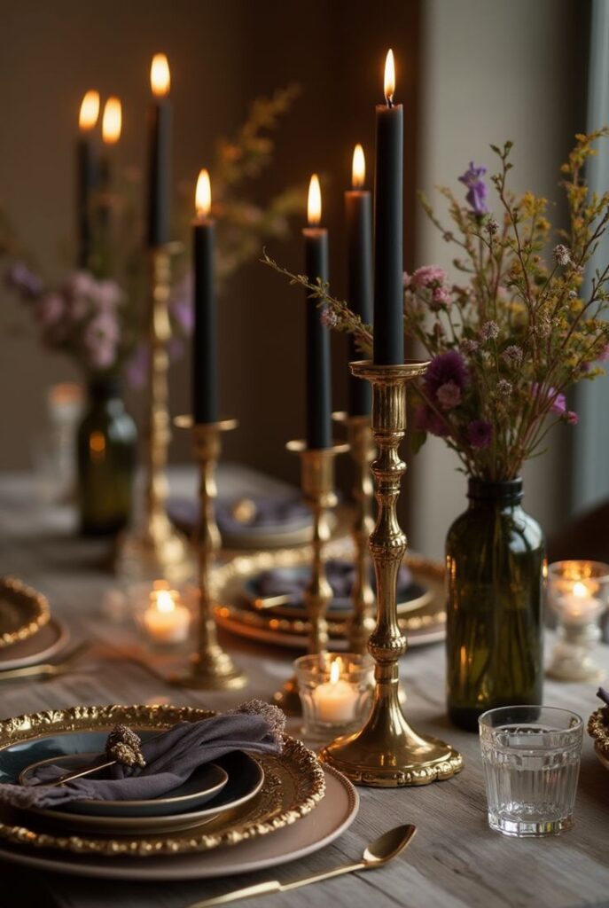 Black Candle and Antique Brass Tablescape