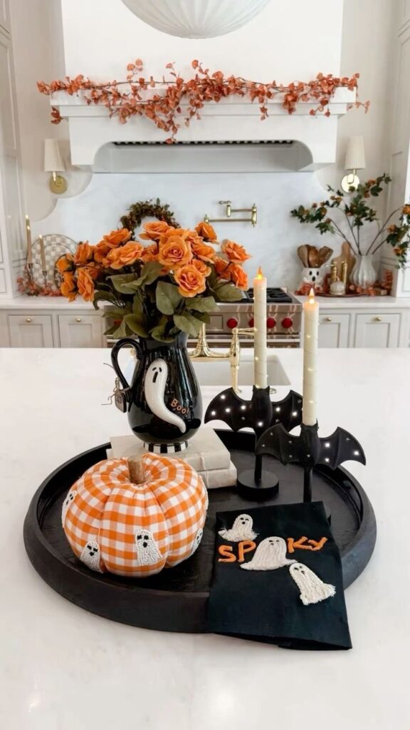 Black Tray with Mini Pumpkins and Candles