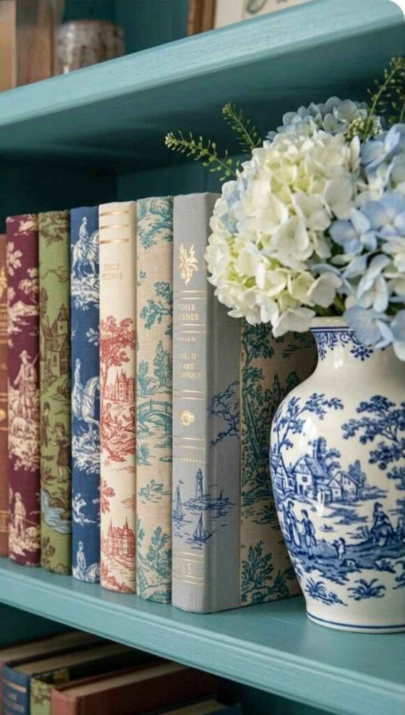 Blue Hydrangea Bookshelf Styling