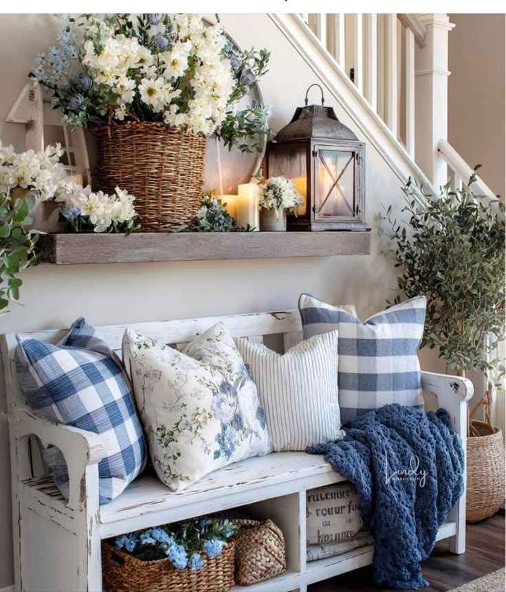 Blue Hydrangea Entry Bench Styling