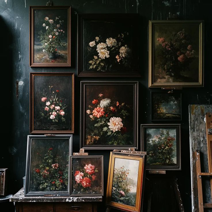 Dark Floral Oil Painting Display