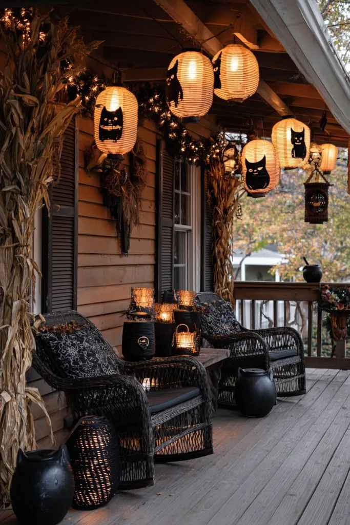 Haunted Entryway with Flickering Lanterns