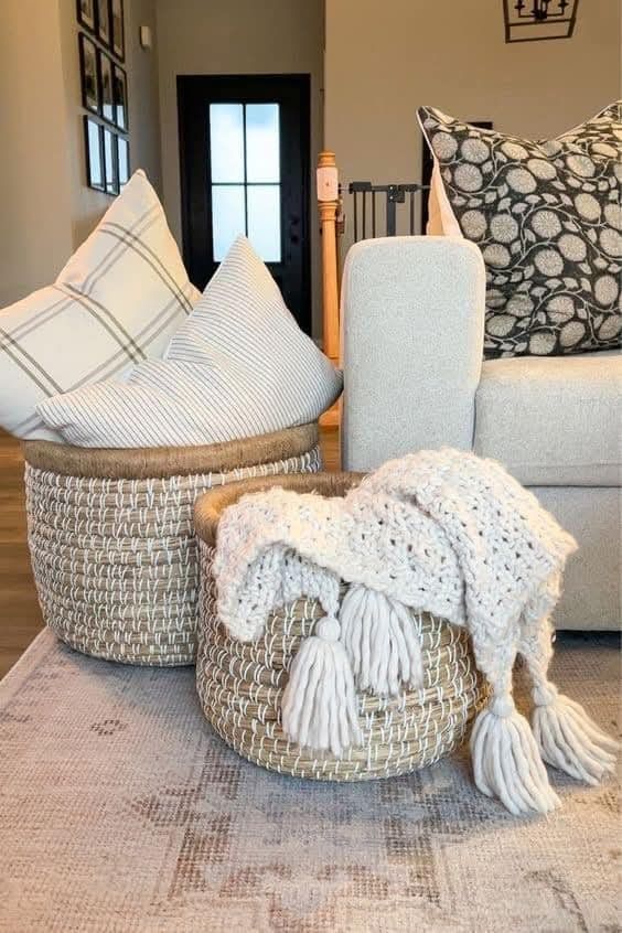 Layered Neutral Throw Blanket Basket