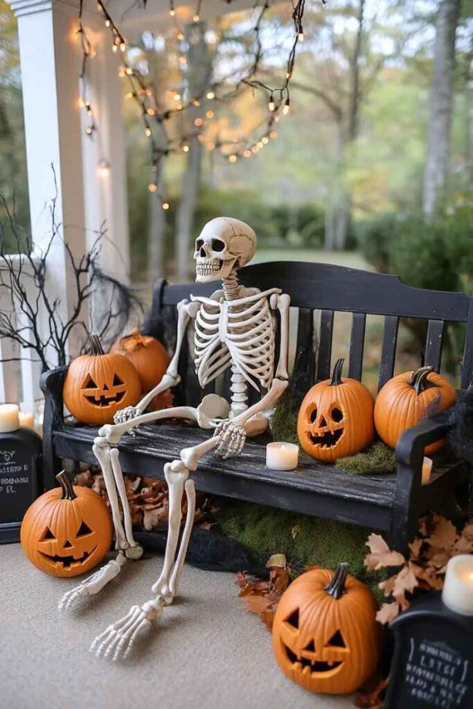 Skeletons Relaxing on a Pumpkin Bench
