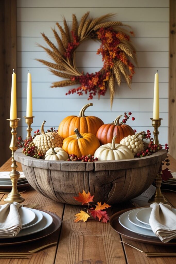 Use a Wooden Bowl Filled With Pumpkins