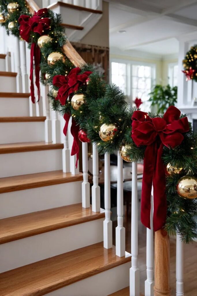 Add Beautiful Red Velvet Bows to the Railing