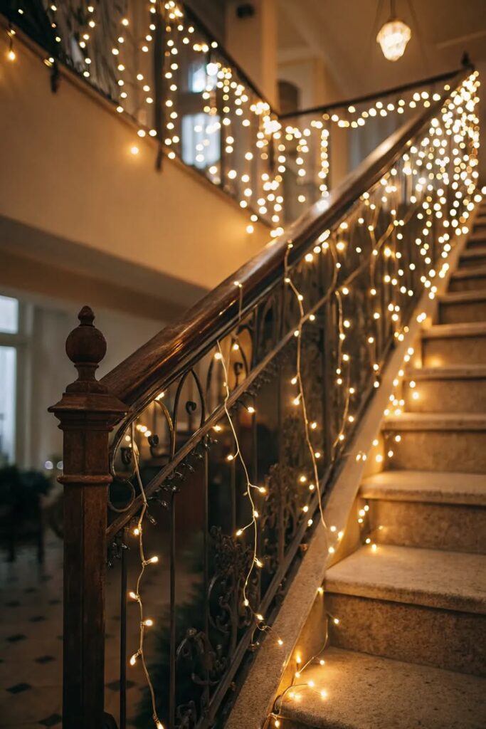 Add Warm Fairy Lights Along the Stair Railing