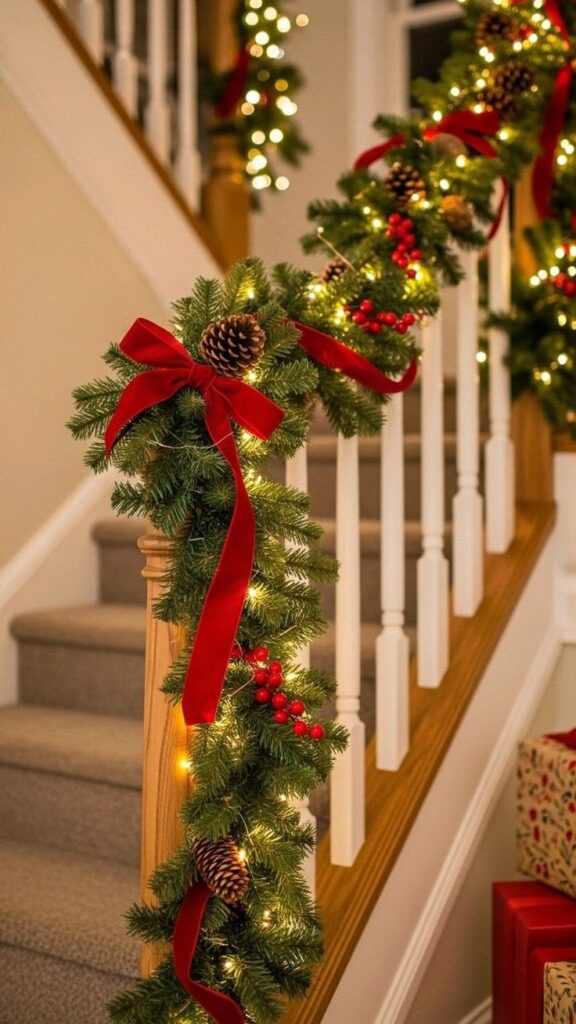 Decorate the Stair Railing With a Classic Christmas Garland
